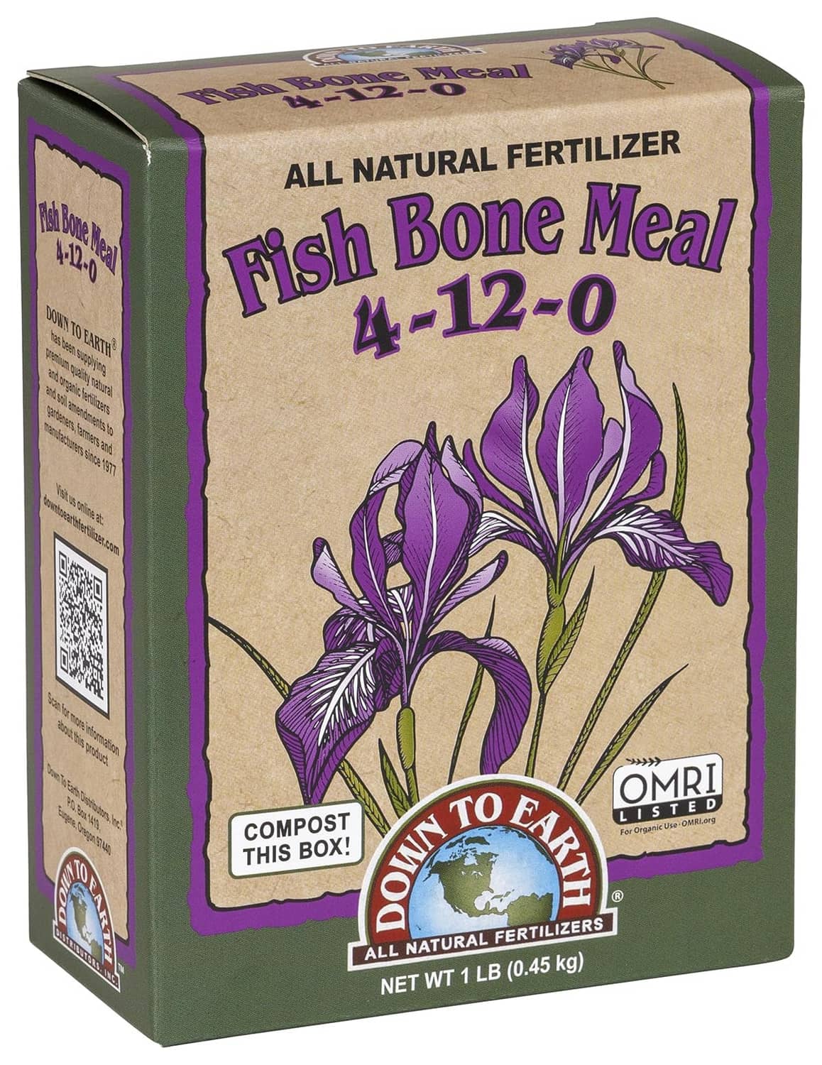 Fish bone meal fertilizer box 4-12-0 front panel with purple iris illustration