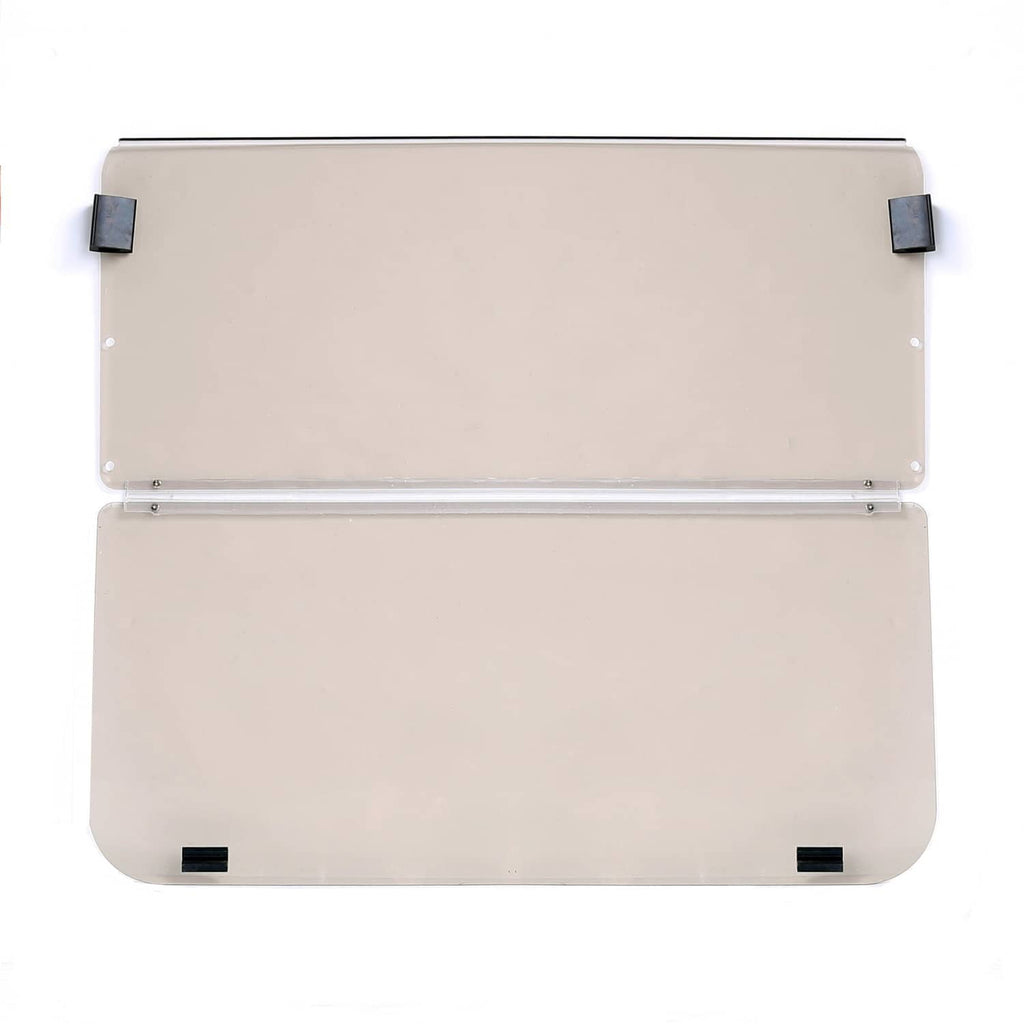 Tinted folding windshield front view with two panels and black mounting plates