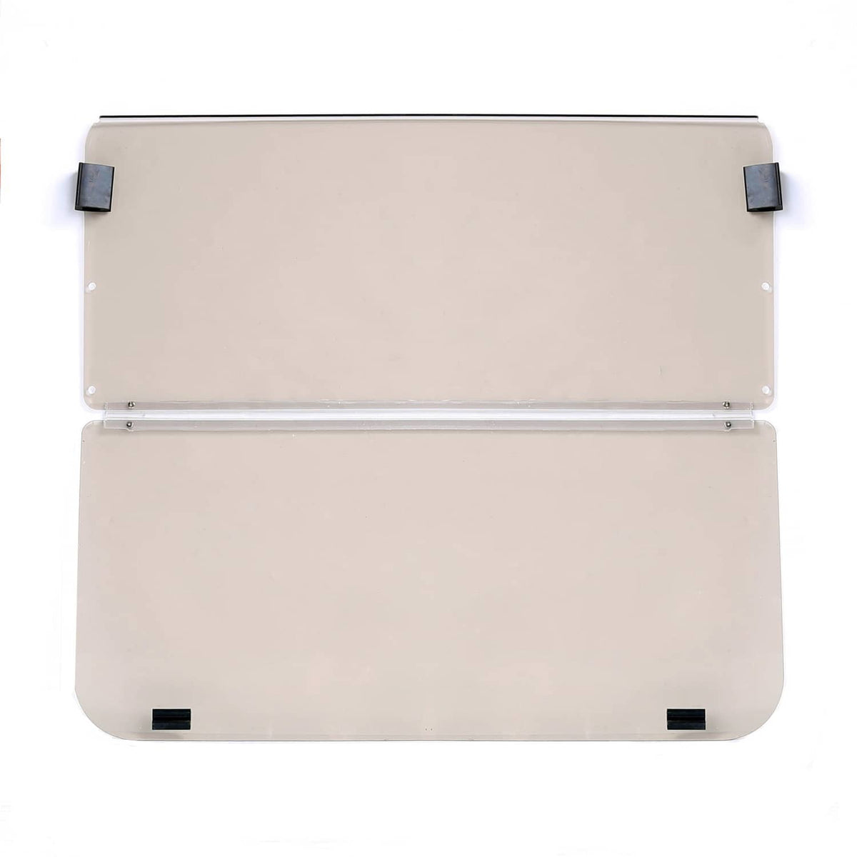 Tinted folding windshield front view with two panels and black mounting plates