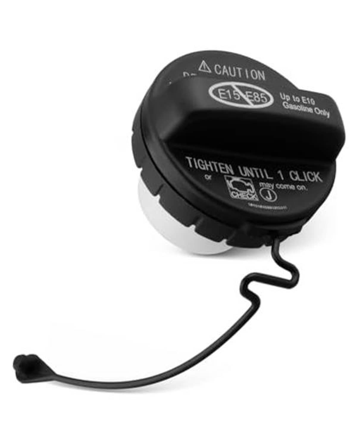 Fuel tank filler cap and hanging tether cord, round black cap with markings
