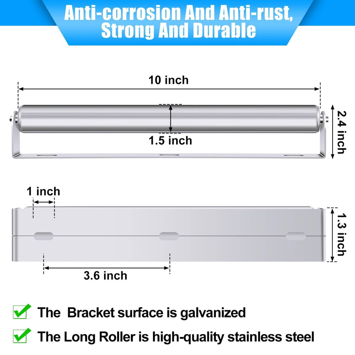 RivetOak Therwen Boat Trailer Roller with Bracket Set 1.5" Diameter 10'' Long, Silver