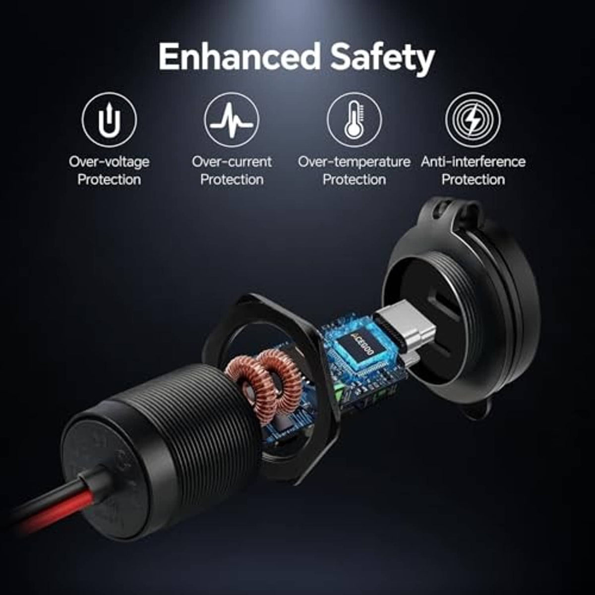 Dual-port USB car charger plug with internal circuitry exposed in close view