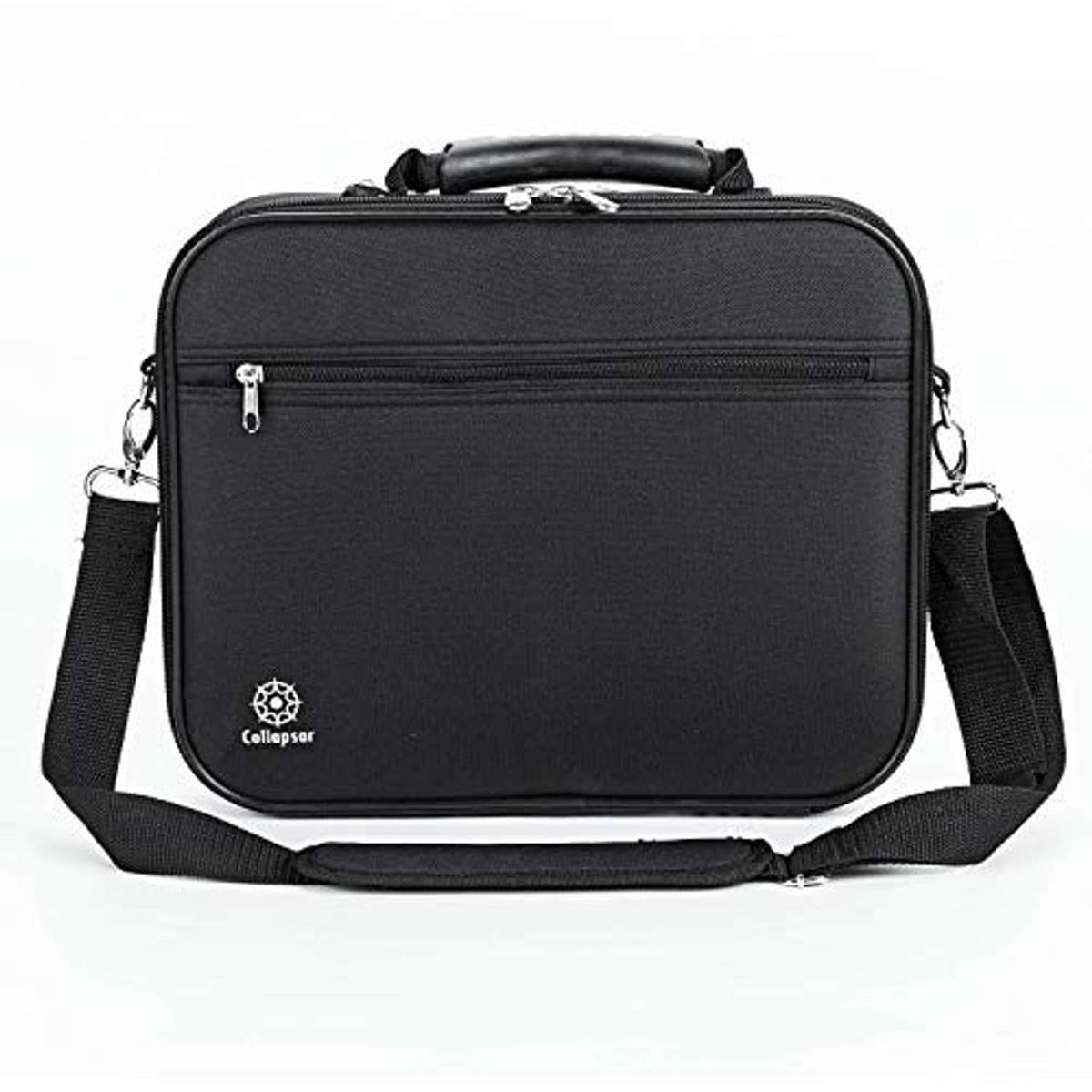 Black pool ball carrying case with shoulder strap and zipper front pocket