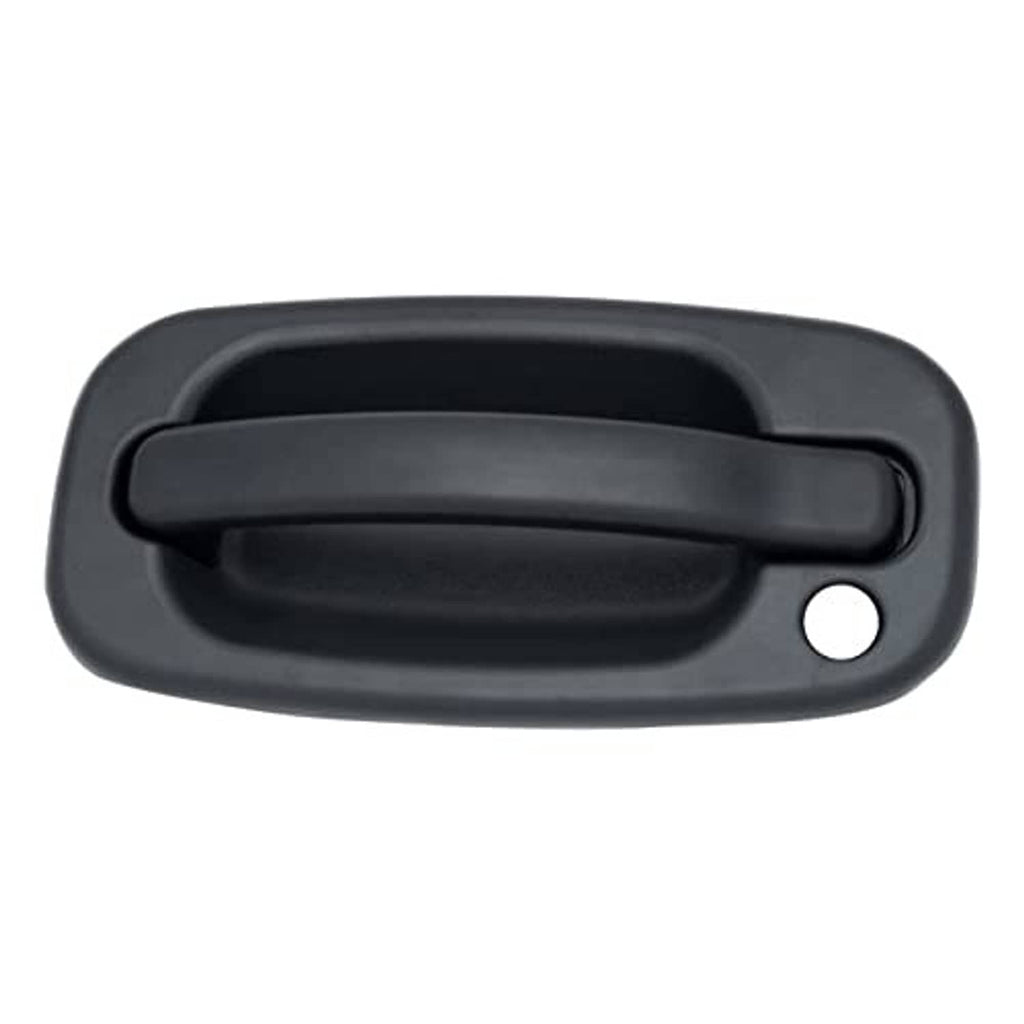 Textured black exterior door handle with key hole, side view