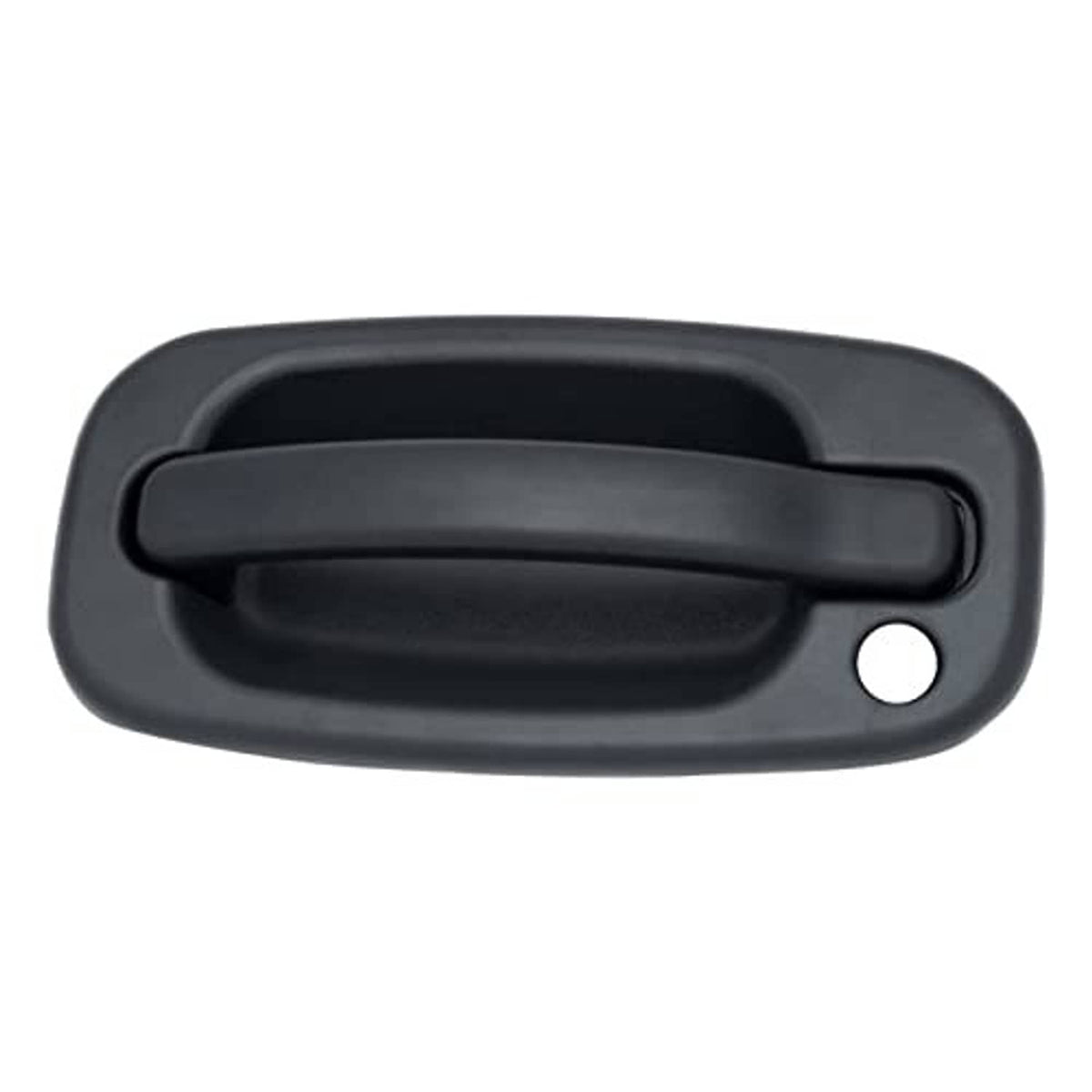 Textured black exterior door handle with key hole, side view