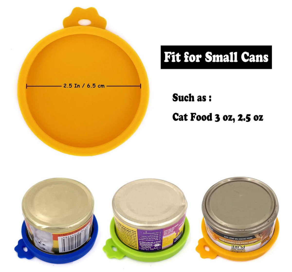 Set of small silicone can lids, orange lid shown with three pet cans