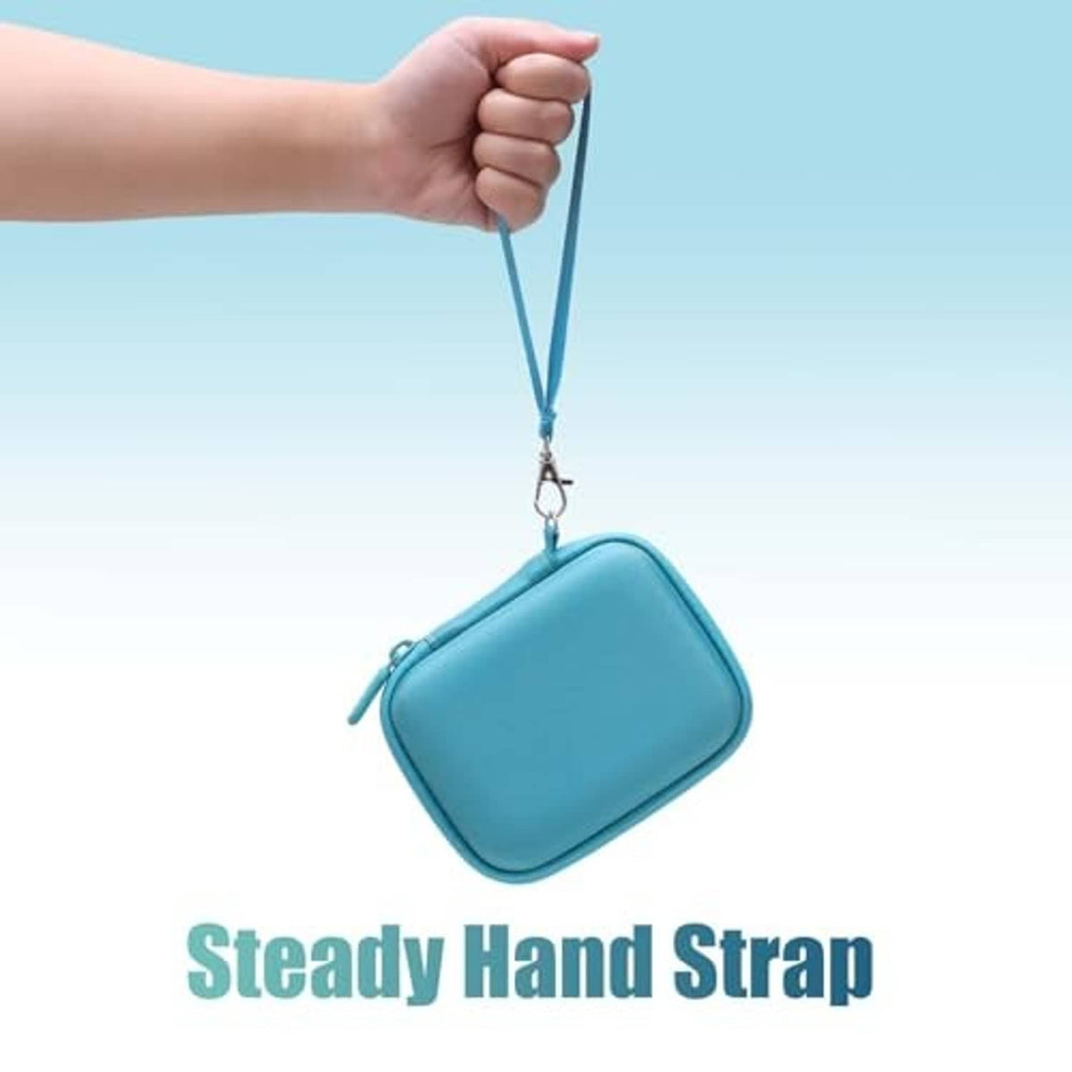 Teal zippered speaker case with detachable hand strap, compact travel size