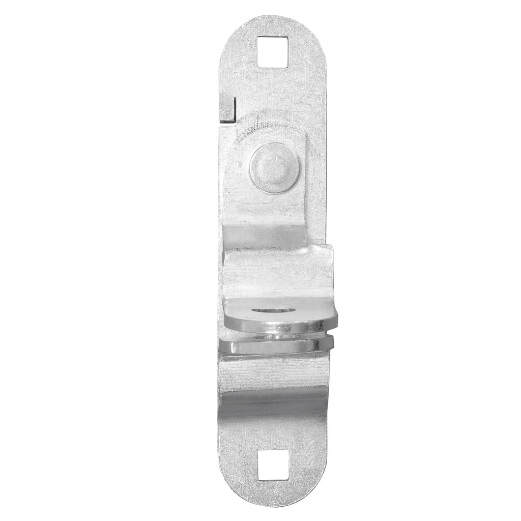 Steel cam latch hasp vertical view with round pin and mounting slots, silver finish