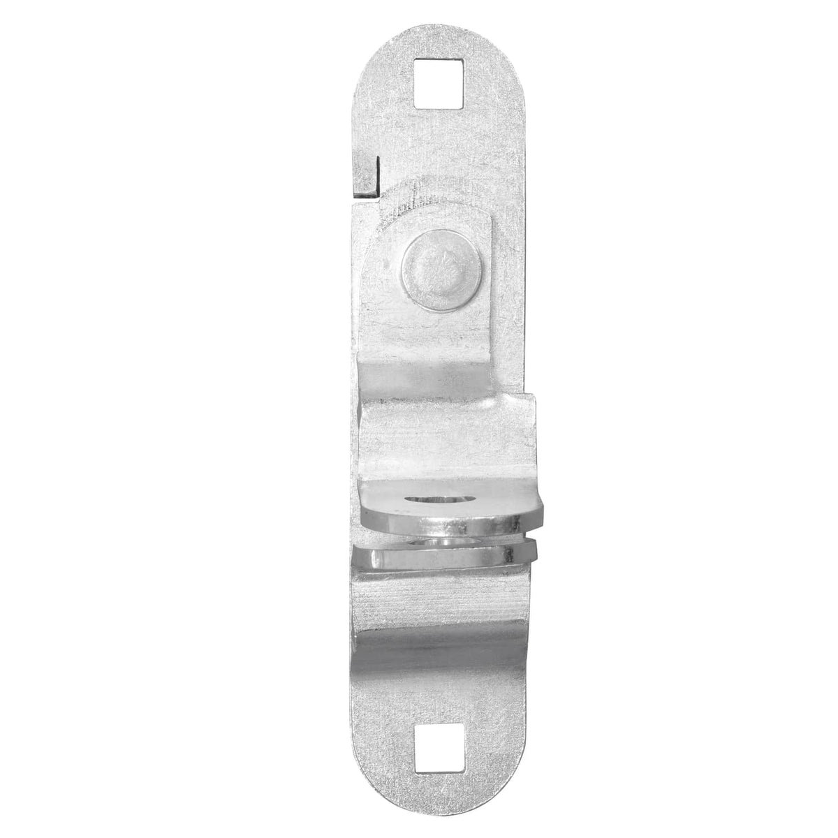 Steel cam latch hasp vertical view with round pin and mounting slots, silver finish