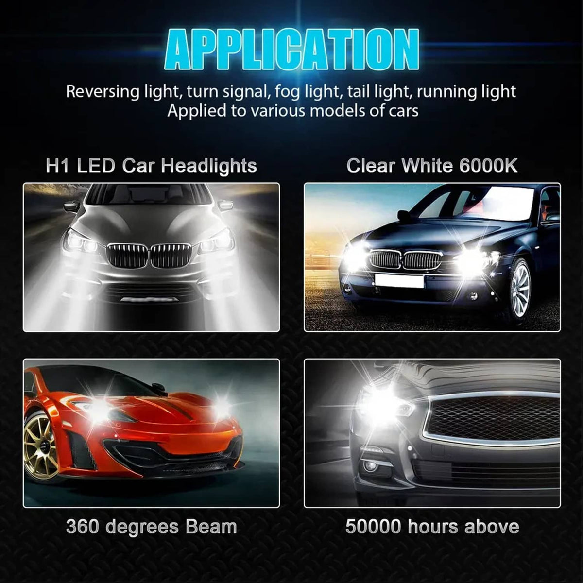 H1 LED headlight bulbs showing clear white 6000K front lighting
