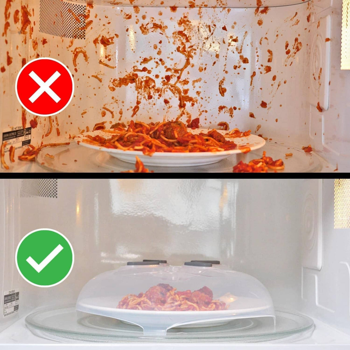 Microwave splatter cover with magnets helping reduce splatter over a plate of food