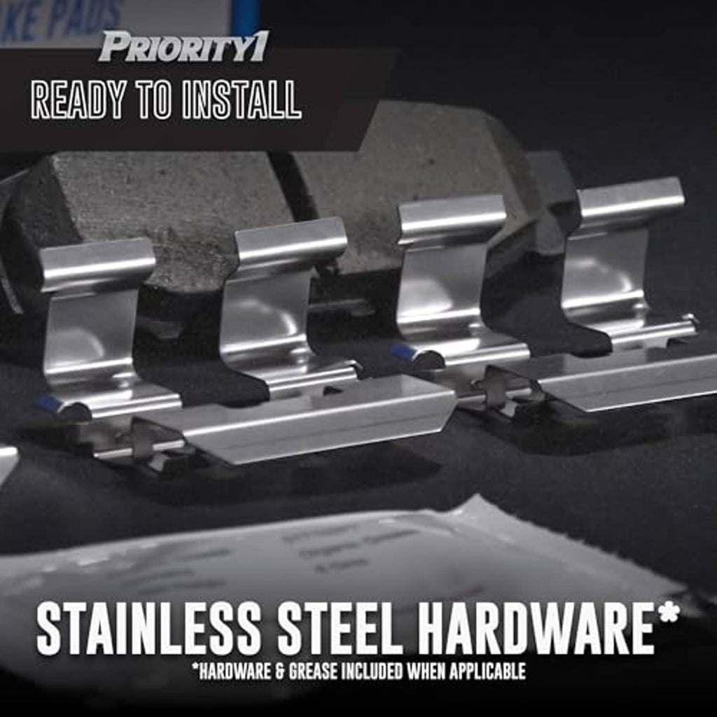 Stainless steel brake pad hardware and shims shown with included grease