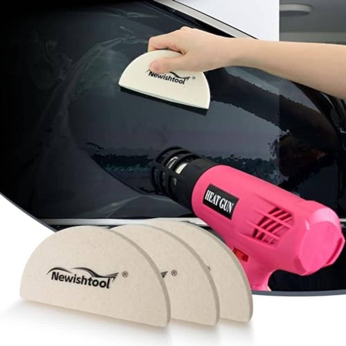 Beige wool felt squeegee pads with Newishtool logo next to pink heat gun