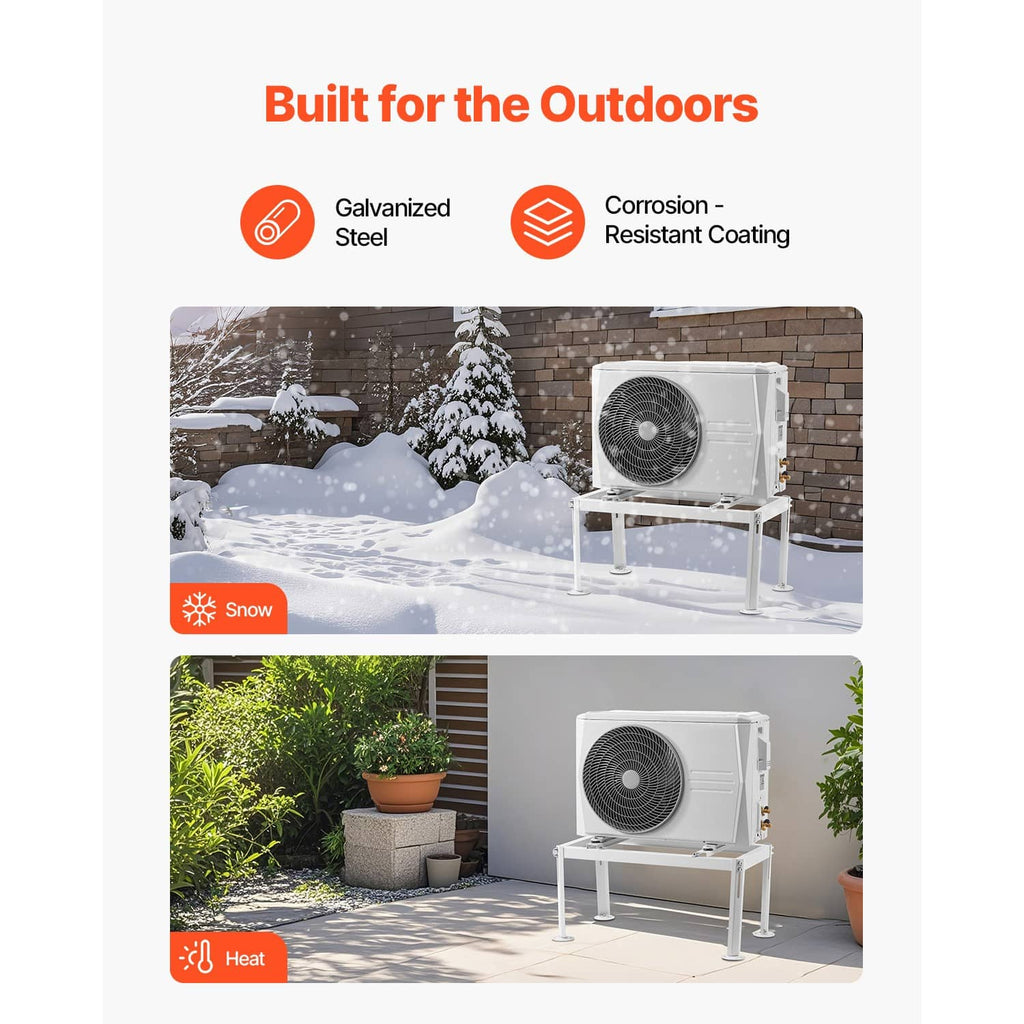 White mini split outdoor unit ground stand supporting a split AC unit outdoors