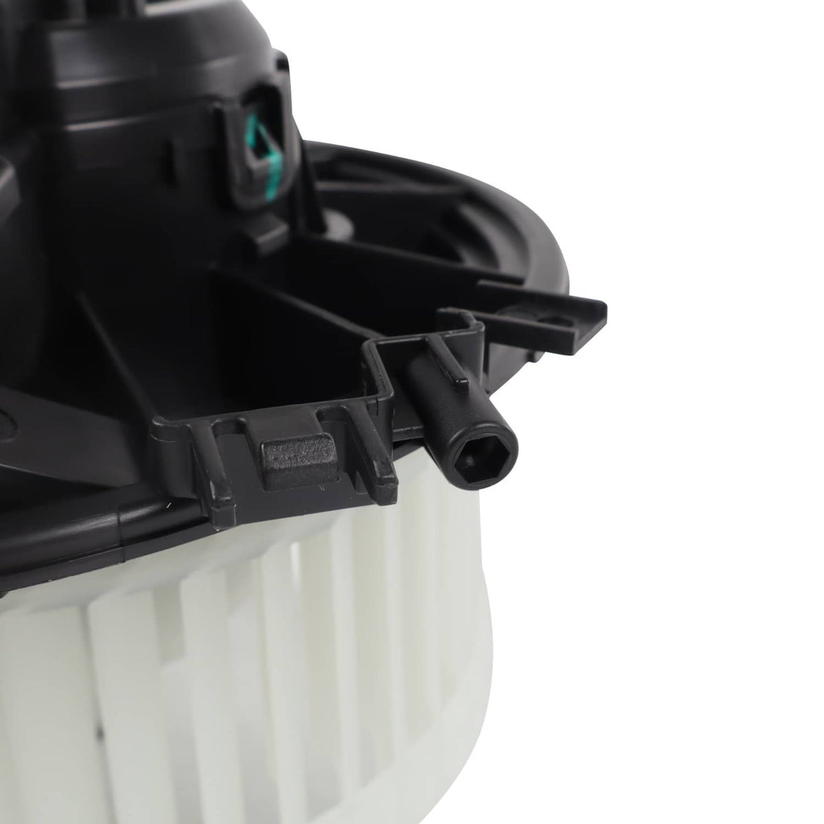 A/C heater blower motor with black plastic housing and electrical connector