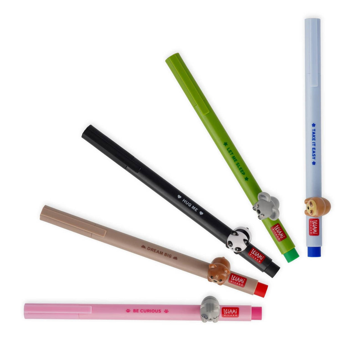 Assorted cute gel pens with animal toppers: black panda, green, beige, and pink.