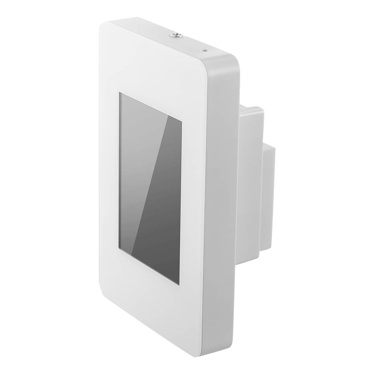 White wall thermostat side view with dark TFT screen and back mounting bracket