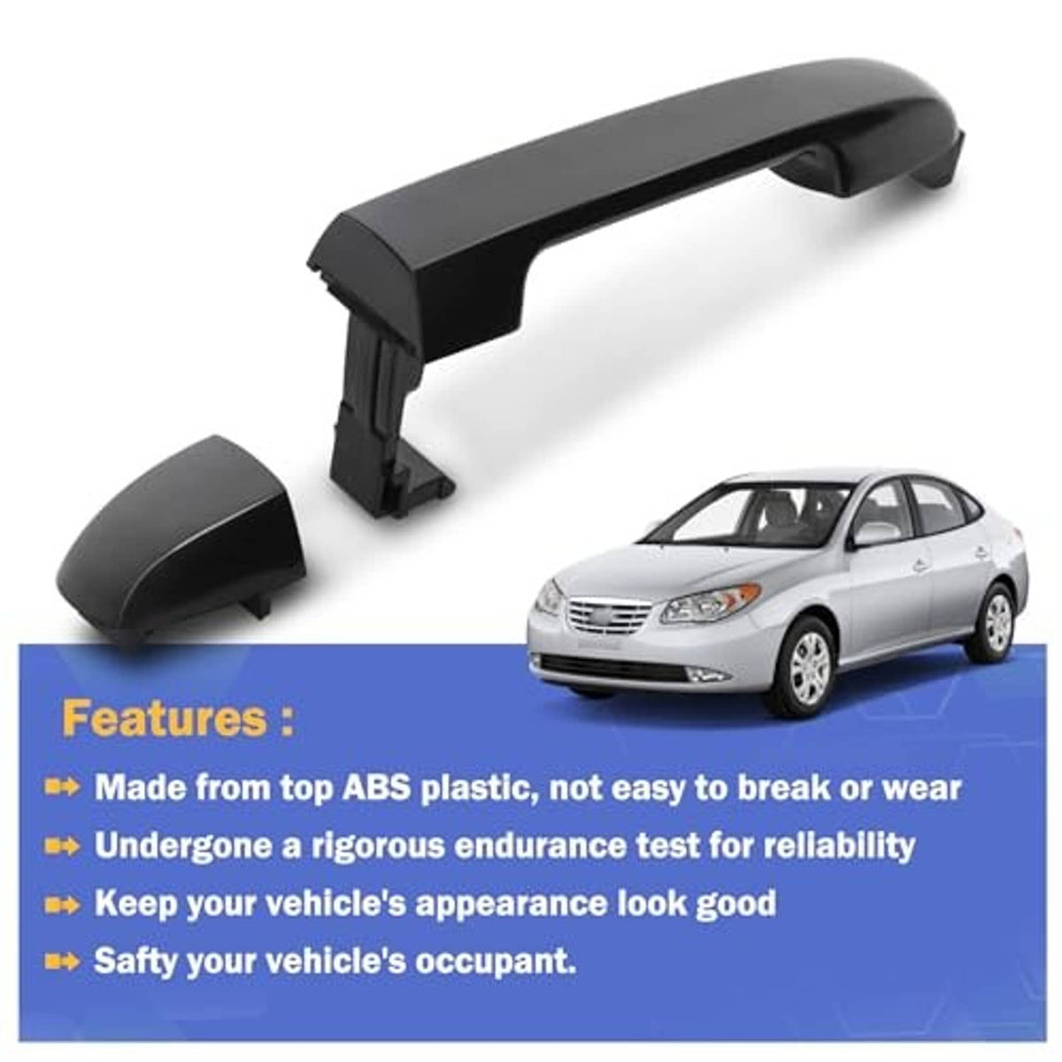 Black exterior door handle and end caps with mounting pegs, passenger side