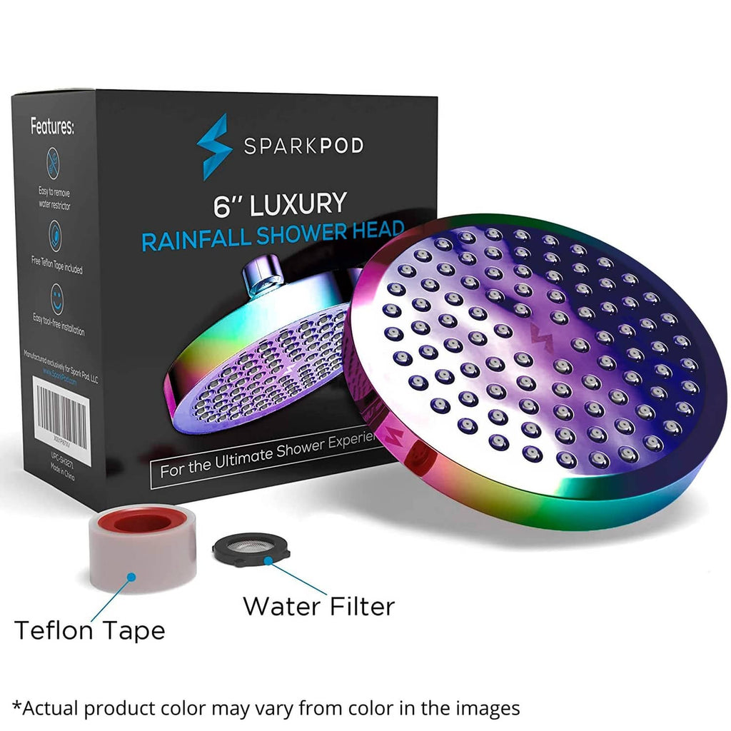 6-inch luxury rain shower head kit with rainbow face, water filter, and Teflon tape