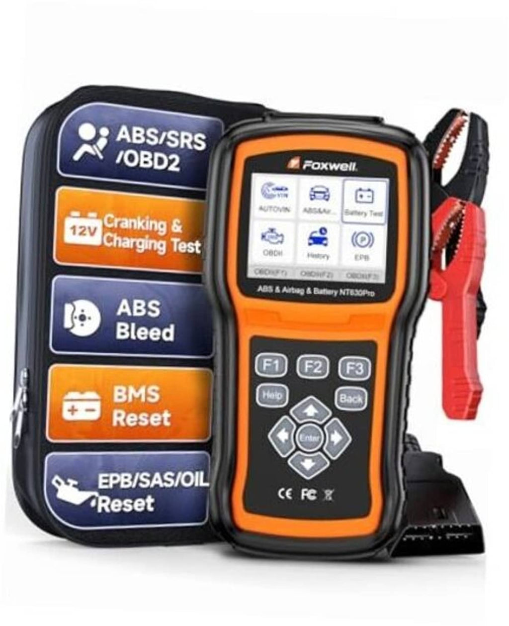Foxwell ABS/SRS OBD2 scan tool with orange screen and buttons, plus carrying case
