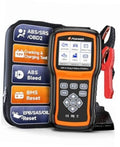 Foxwell ABS/SRS OBD2 scan tool with orange screen and buttons, plus carrying case
