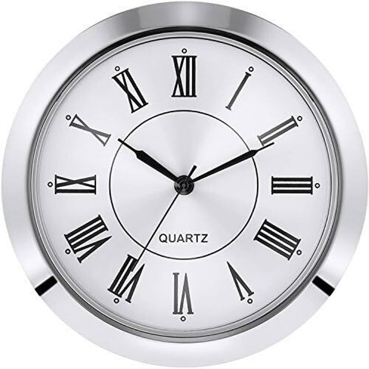 Silver quartz clock insert with Roman numeral dial and black clock hands