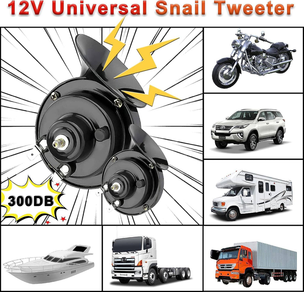 Universal 12V snail horn set with two black horns and wiring leads