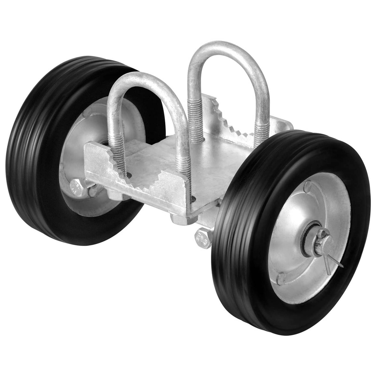 Sliding gate caster kit with two black rubber wheels and galvanized U-bracket