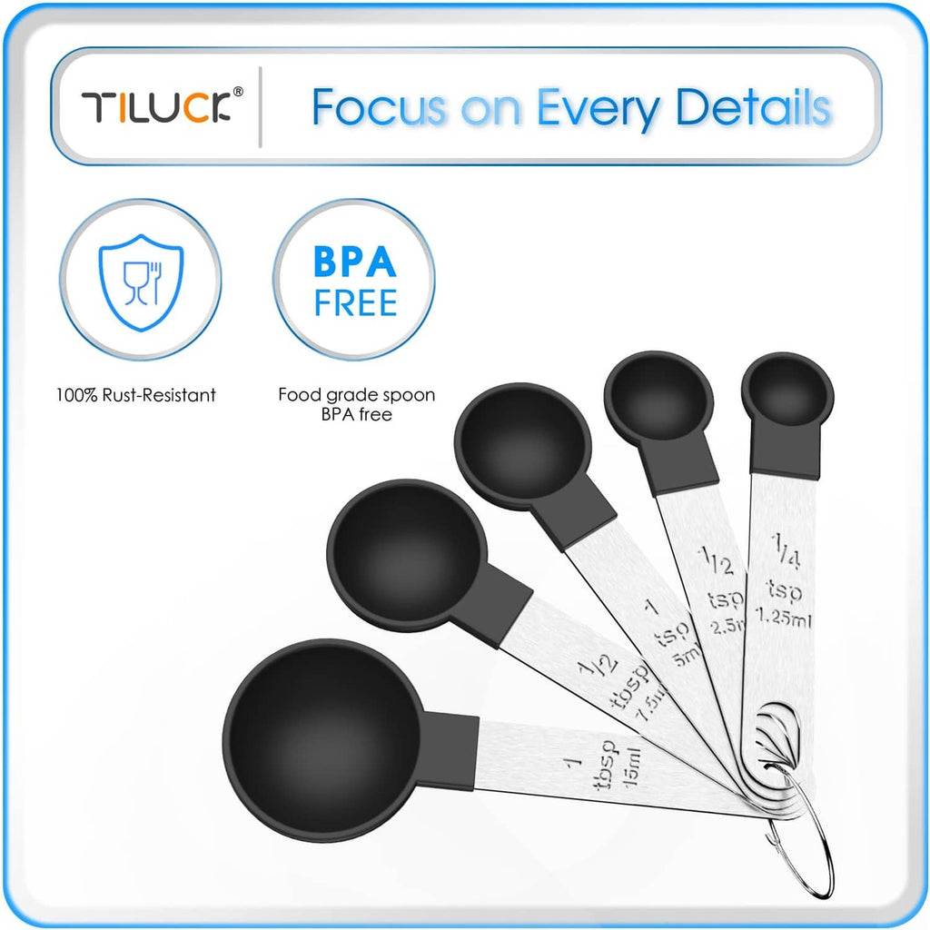 Black measuring spoon set with multiple scoop sizes and visible engraved measurement marks