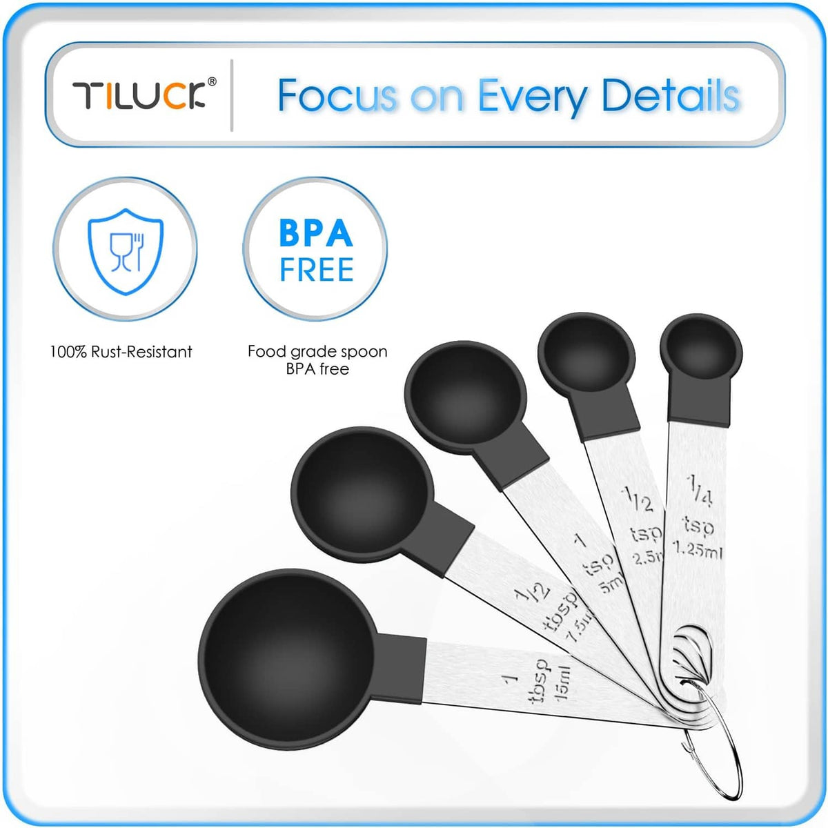 Black measuring spoon set with multiple scoop sizes and visible engraved measurement marks