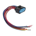 14-pin headlight connector pigtail plug with blue socket, black housing, multicolor wire leads