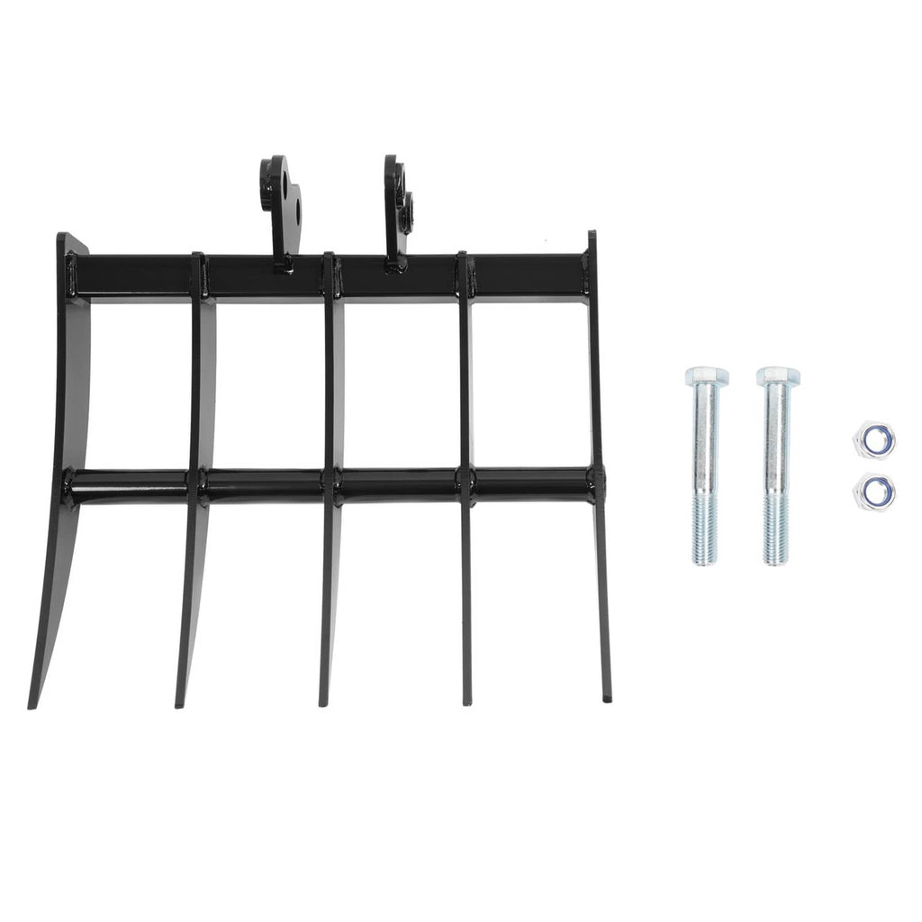 Black five-tooth rake attachment with four rectangular bars and two mounting pins, side view
