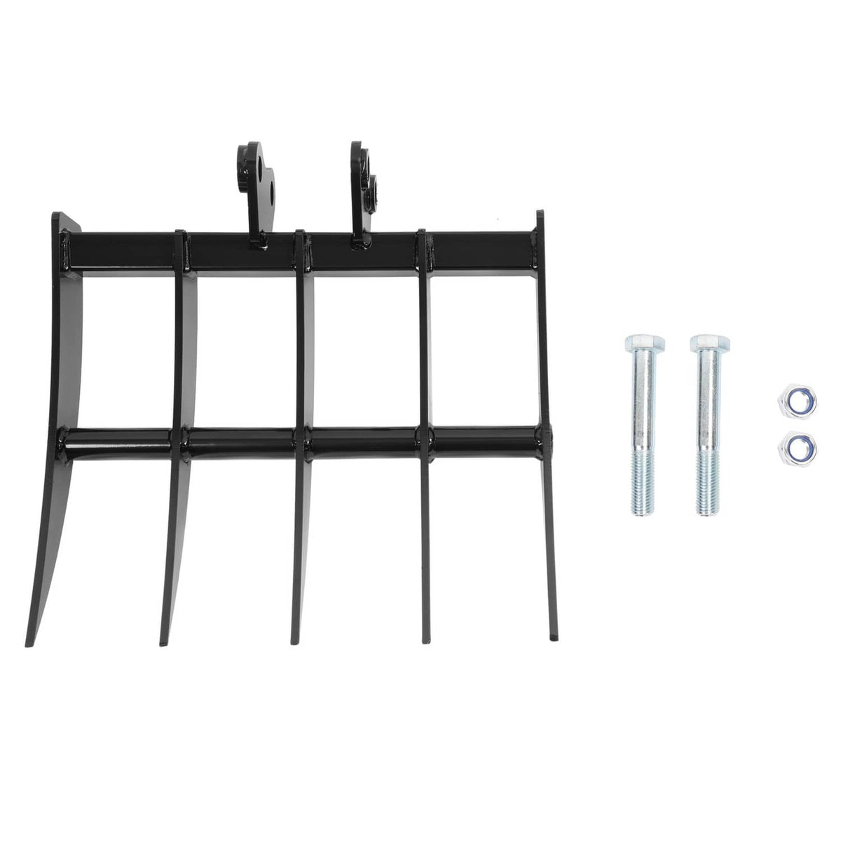 Black five-tooth rake attachment with four rectangular bars and two mounting pins, side view