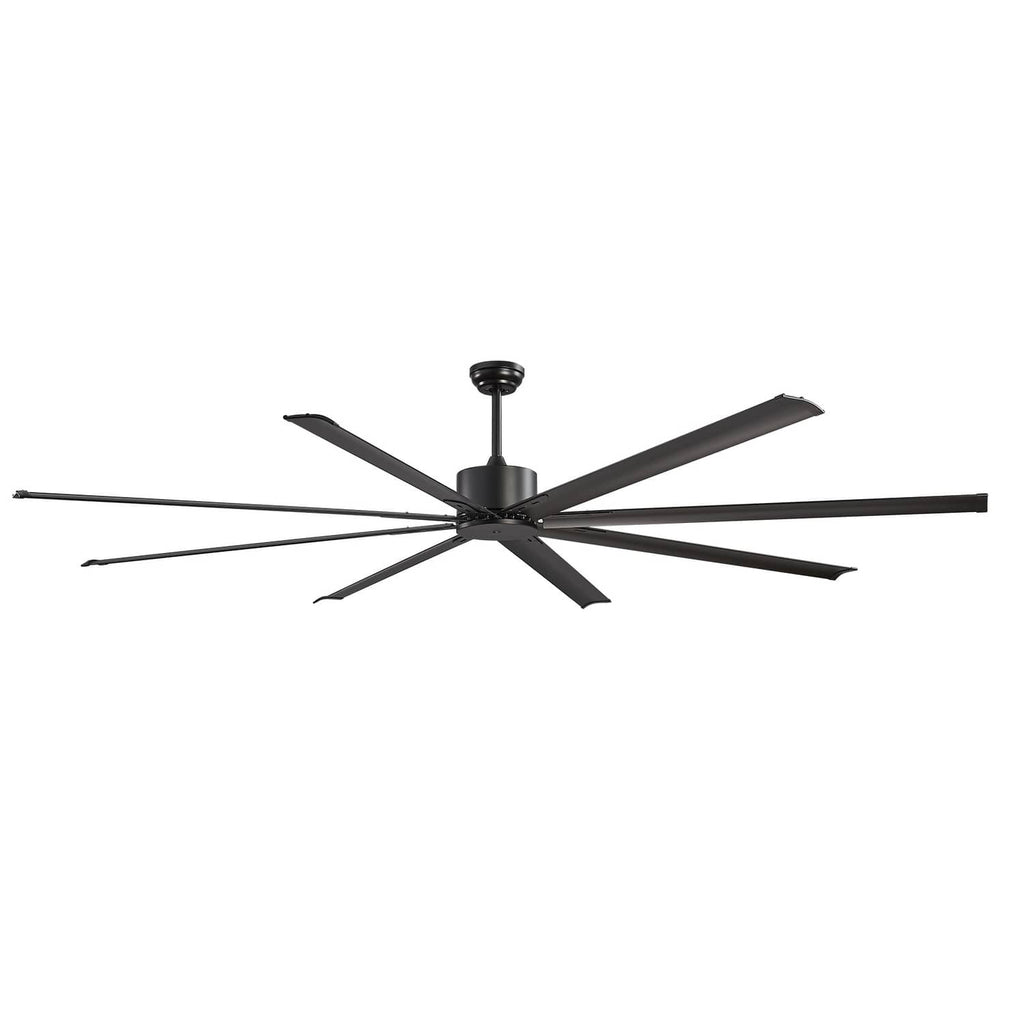 Black ceiling fan centered on ceiling mount with eight extended blades
