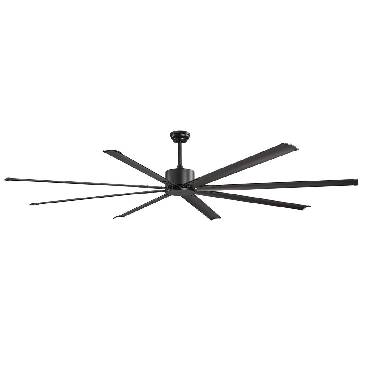 Black ceiling fan centered on ceiling mount with eight extended blades
