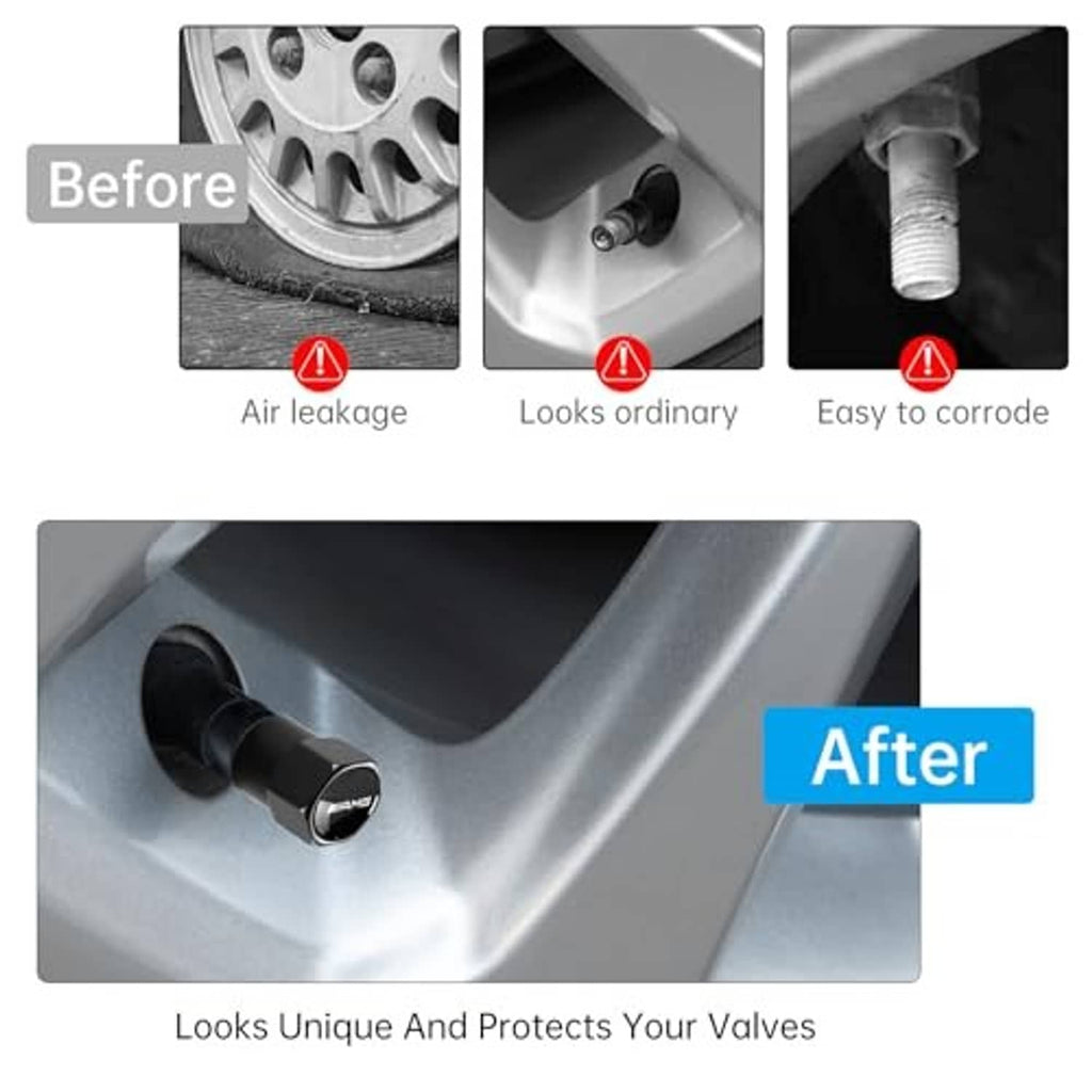 Black AMG tire valve cap on a car wheel valve opening