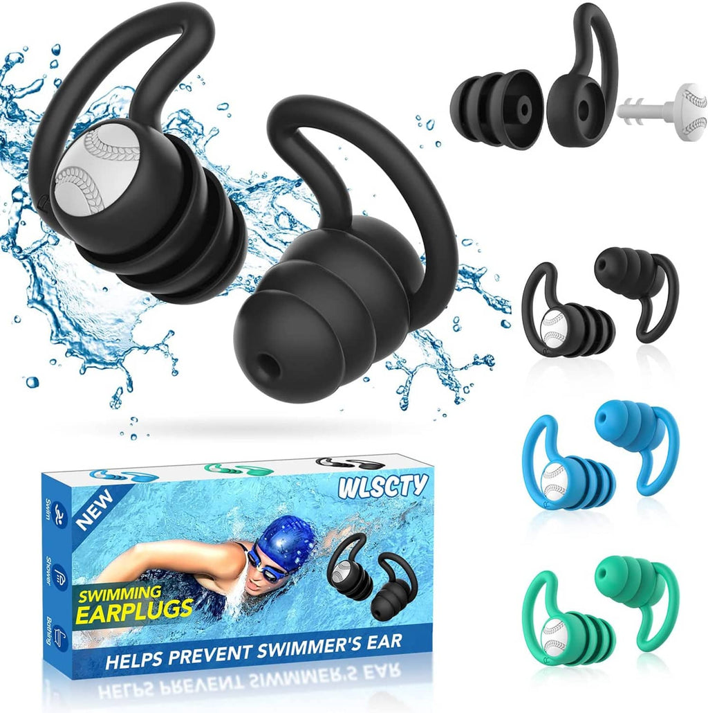 Waterproof silicone swimming ear plugs set, black curved tips with sealing wings