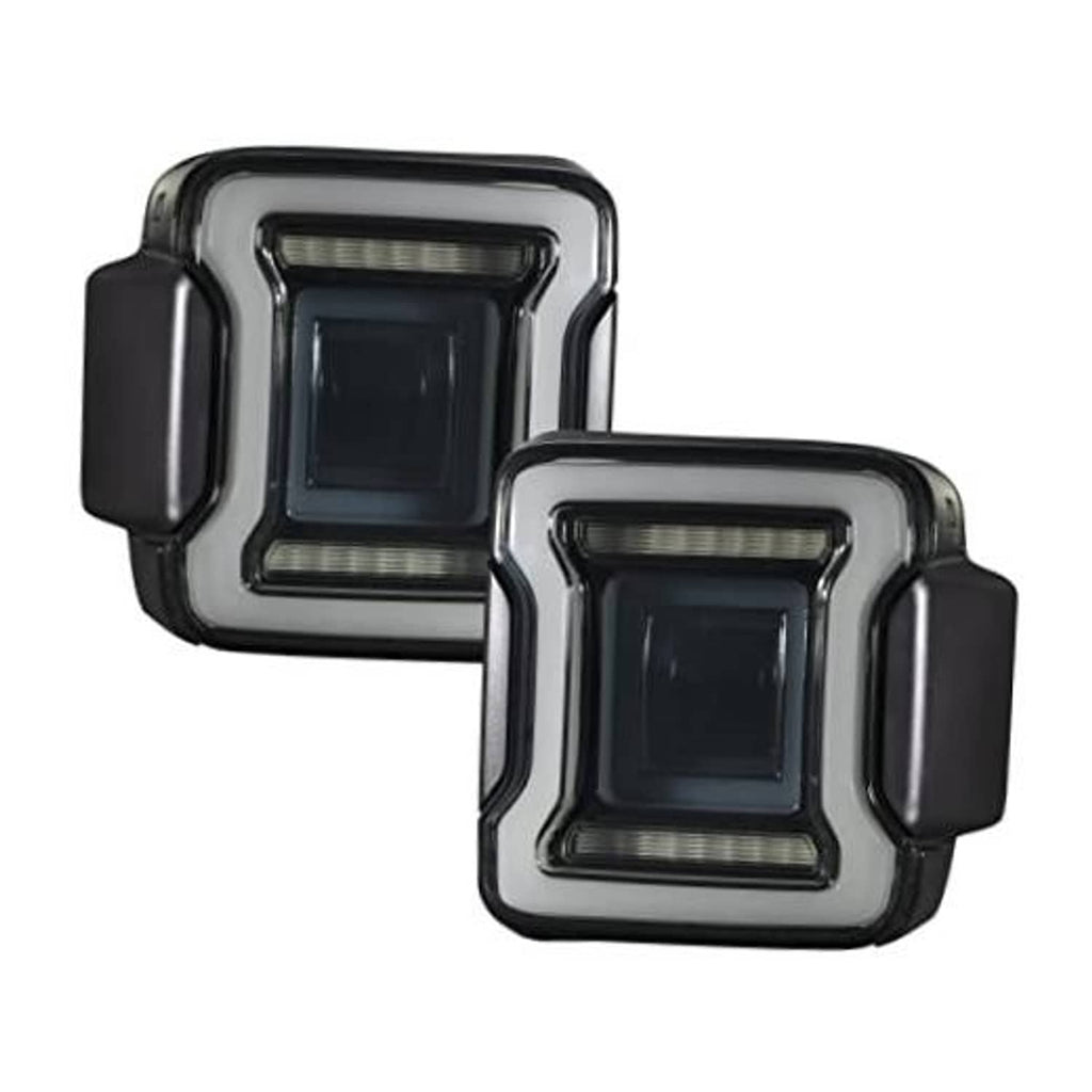Smoked LED tail light assembly with square lens windows and clear LED light bars