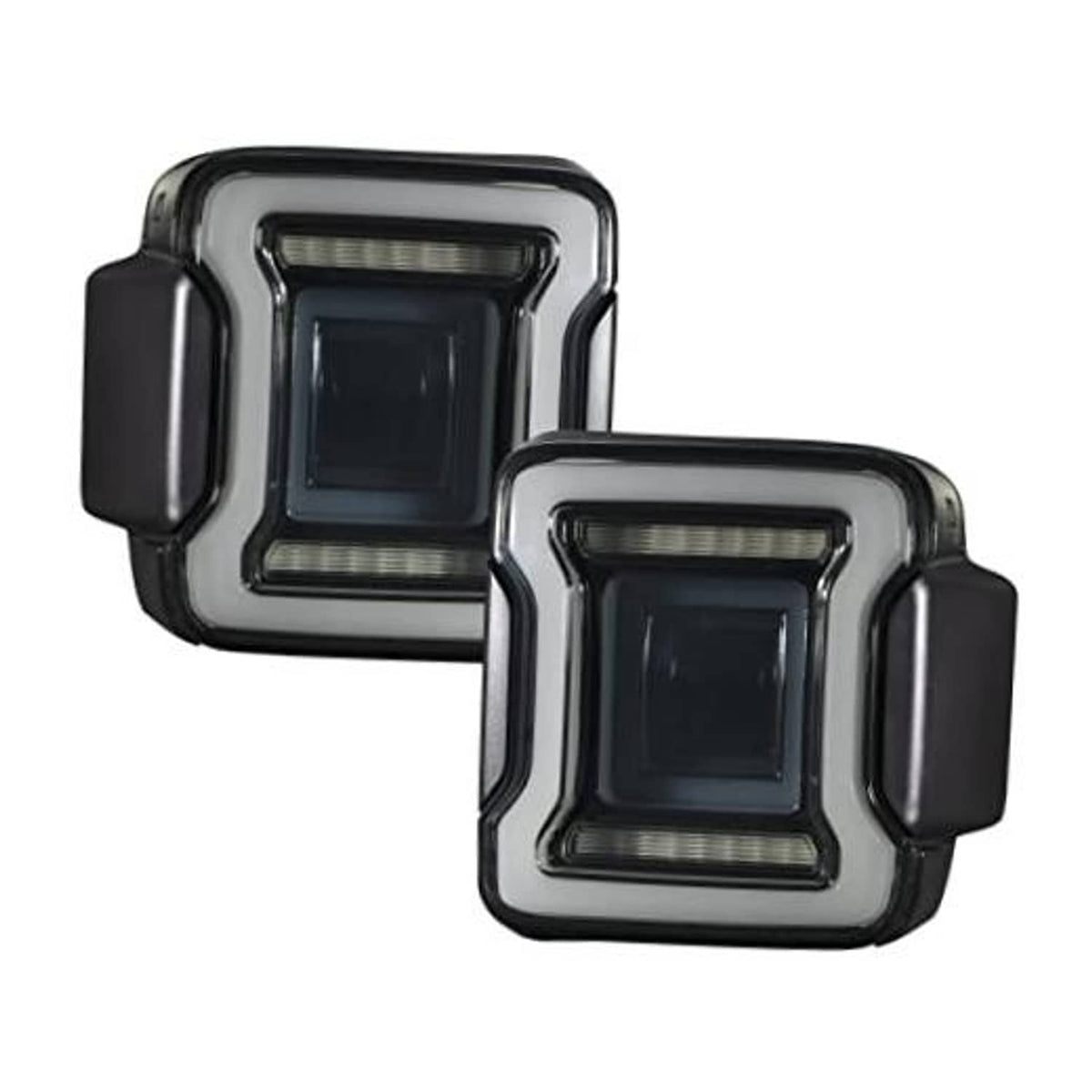 Smoked LED tail light assembly with square lens windows and clear LED light bars