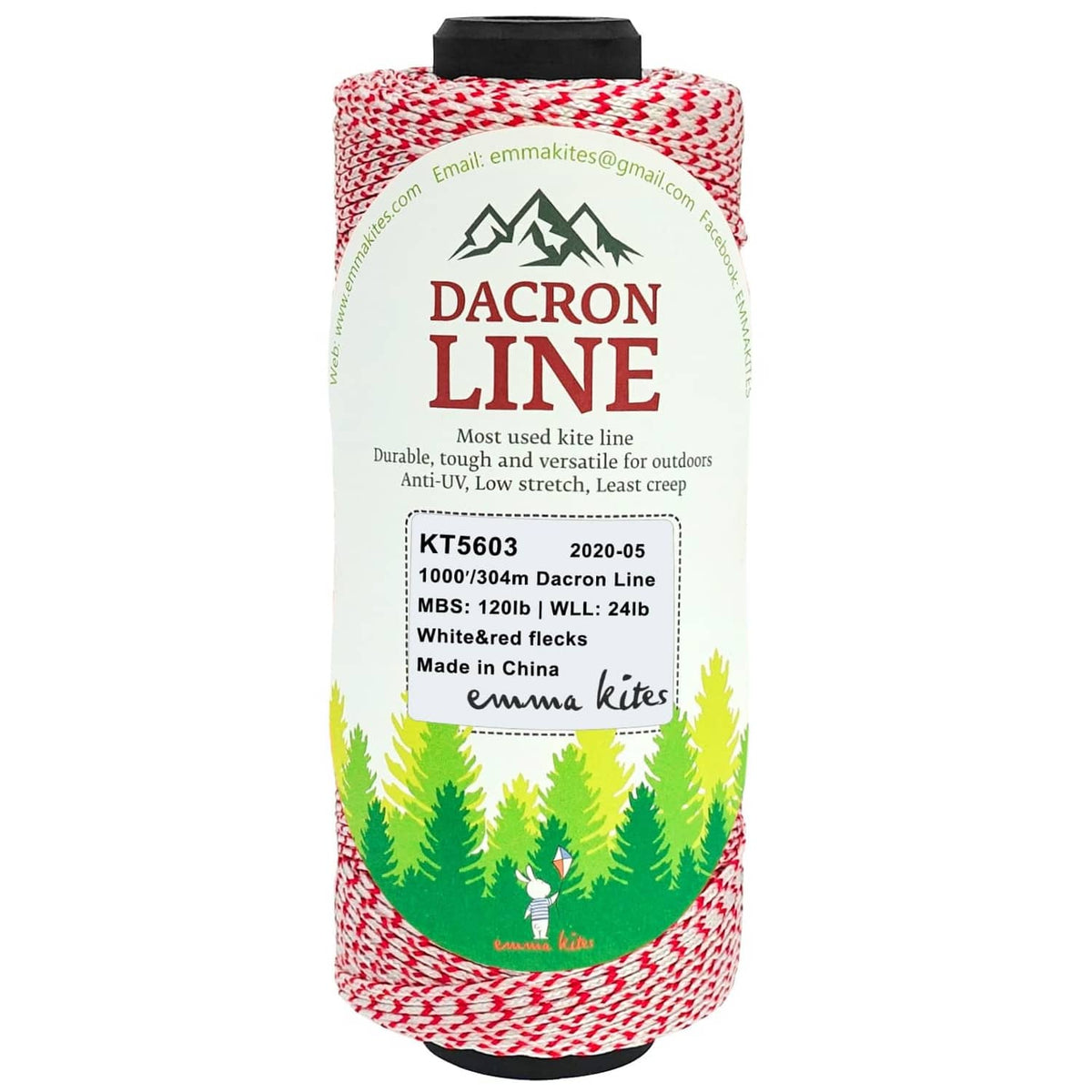 Dacron kite line spool, red-and-white braided string on a plastic reel.