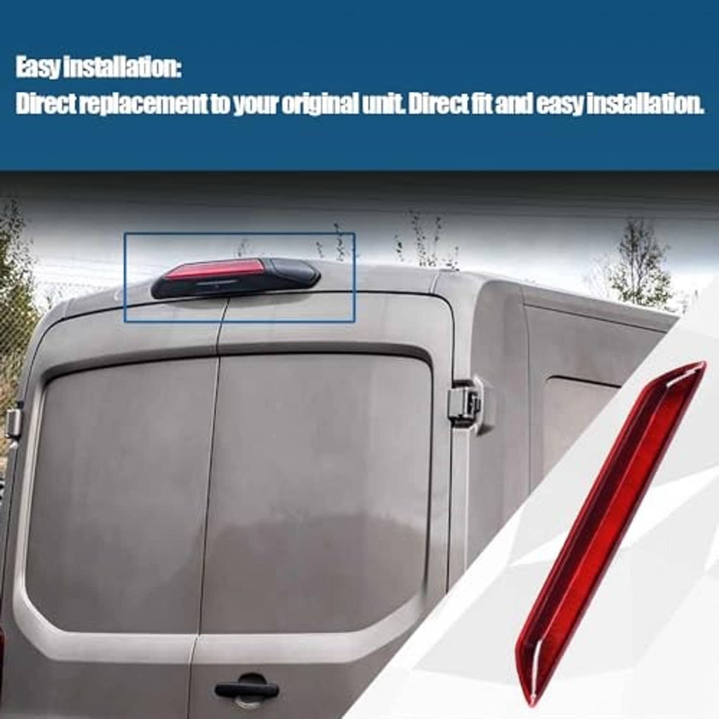 High-mount 3rd brake LED light beside vehicle tailgate, red lens on bar