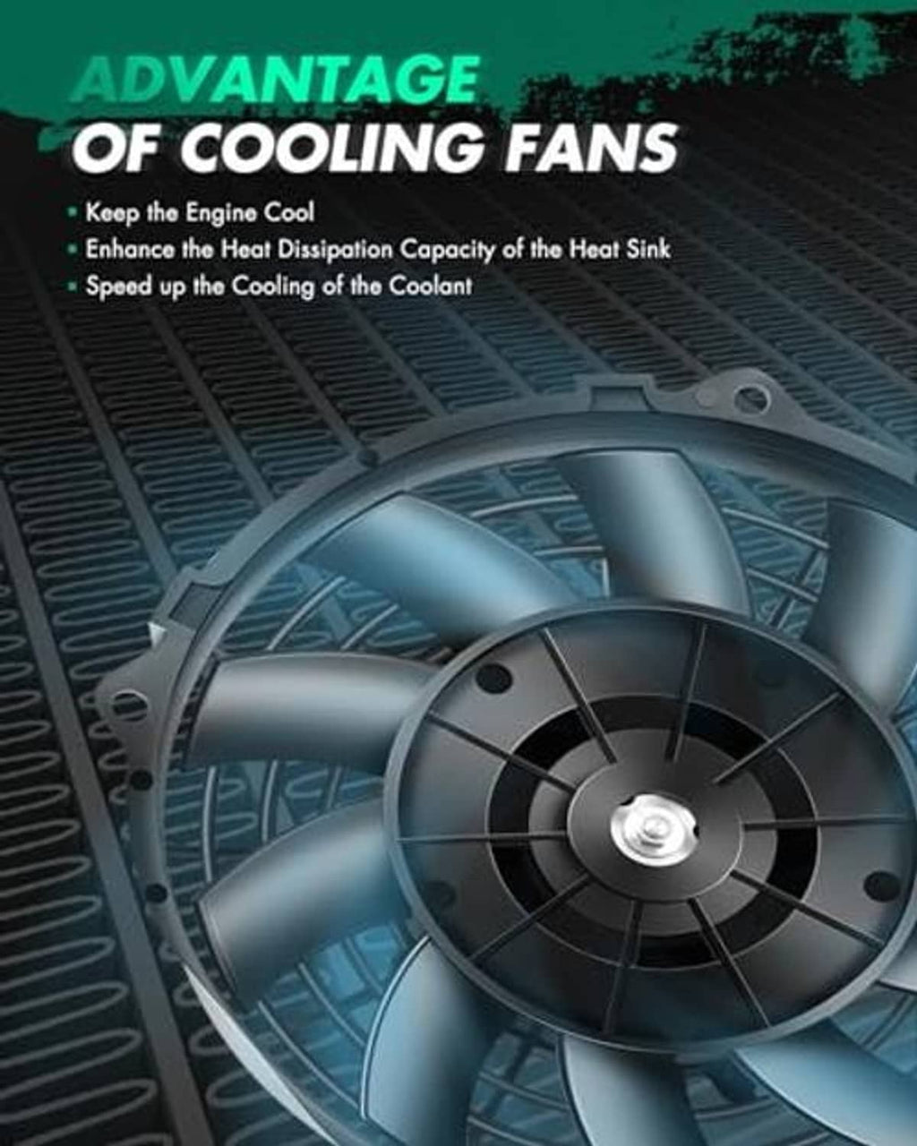 Dual radiator condenser fan assembly fan close-up for airflow over radiator fins.