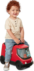Red ride-on delivery truck toy with clear window; toddler seated holding steering handle