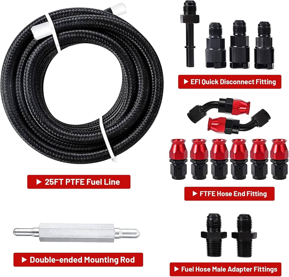 Black PTFE braided fuel hose coil with EFI quick disconnect and multiple fittings