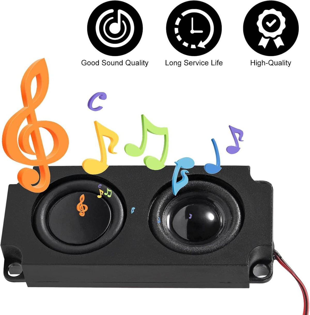 Black dual mini speakers with two circular drivers and music note icons