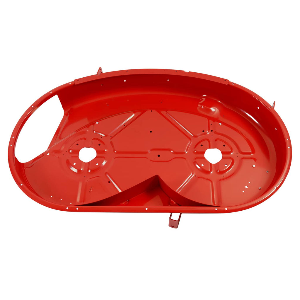 Red lawn mower deck base with circular holes, ribs, and side mounting arm