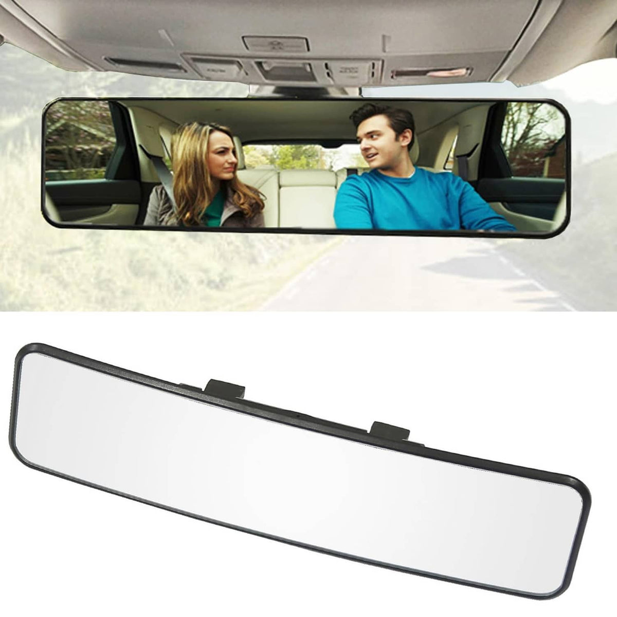 Clip-on rear view mirror with black frame, wide-angle convex glass, 11.4 in