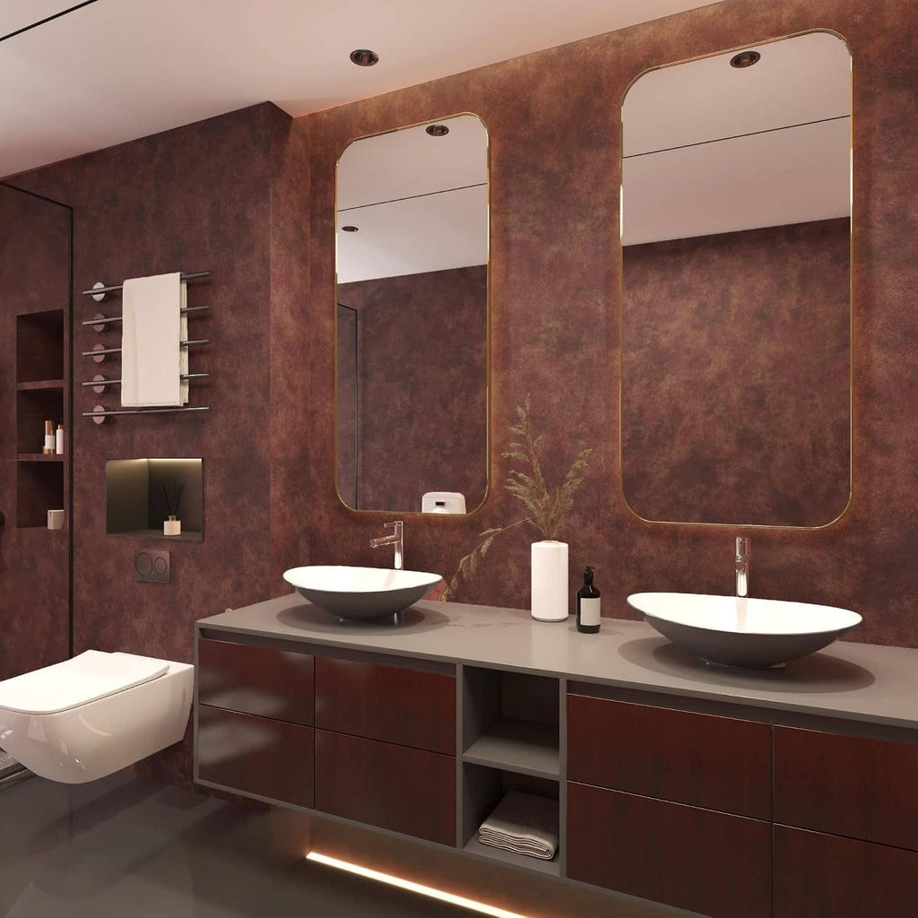 Burgundy metallic textured peel-and-stick wallpaper in a modern bathroom with mirrors