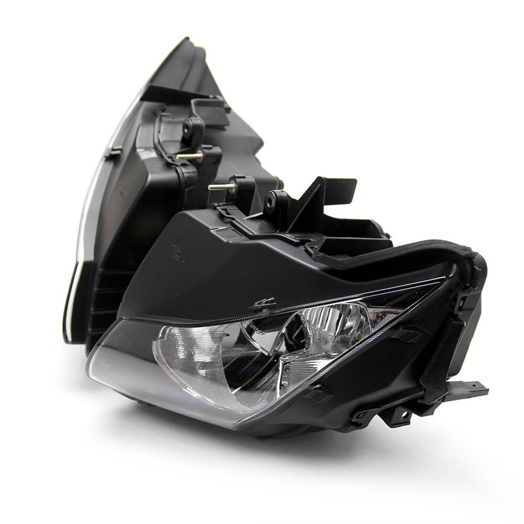 Black headlight assembly with clear lens, internal mount tabs, and wiring area