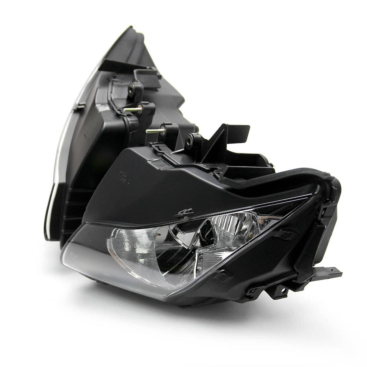 Black headlight assembly with clear lens, internal mount tabs, and wiring area